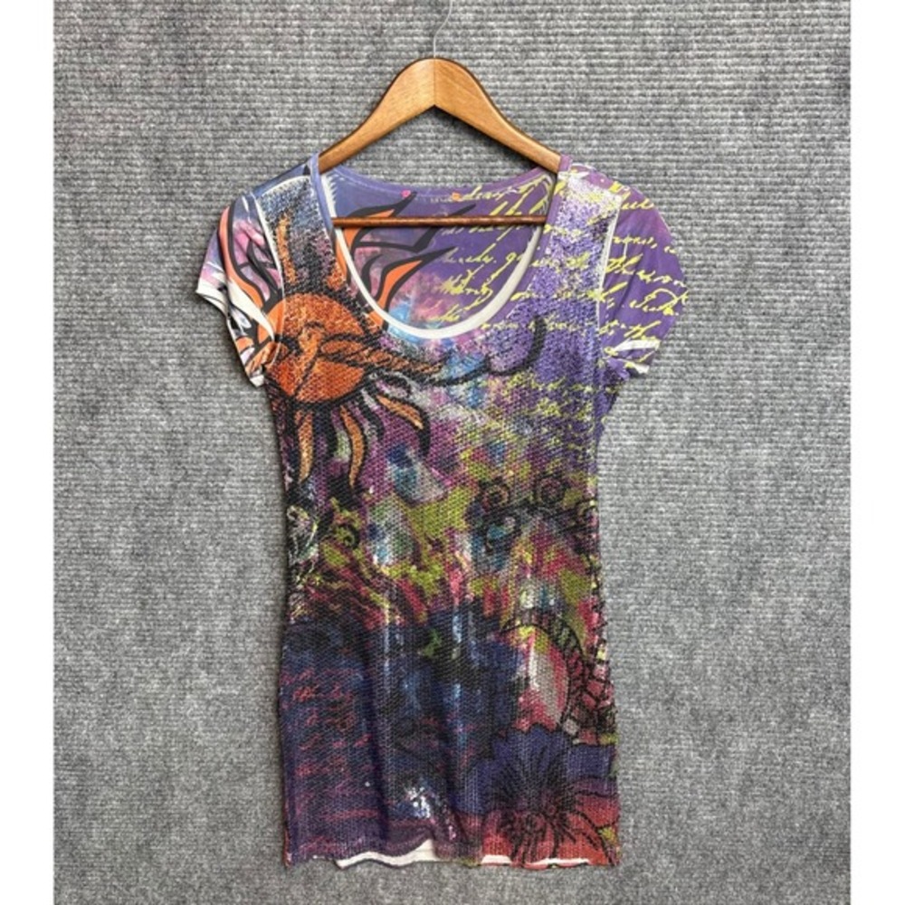 Y2K Sequin Graphic T-Shirt Purple Sun Floral Script Print Short Sleeve Top S